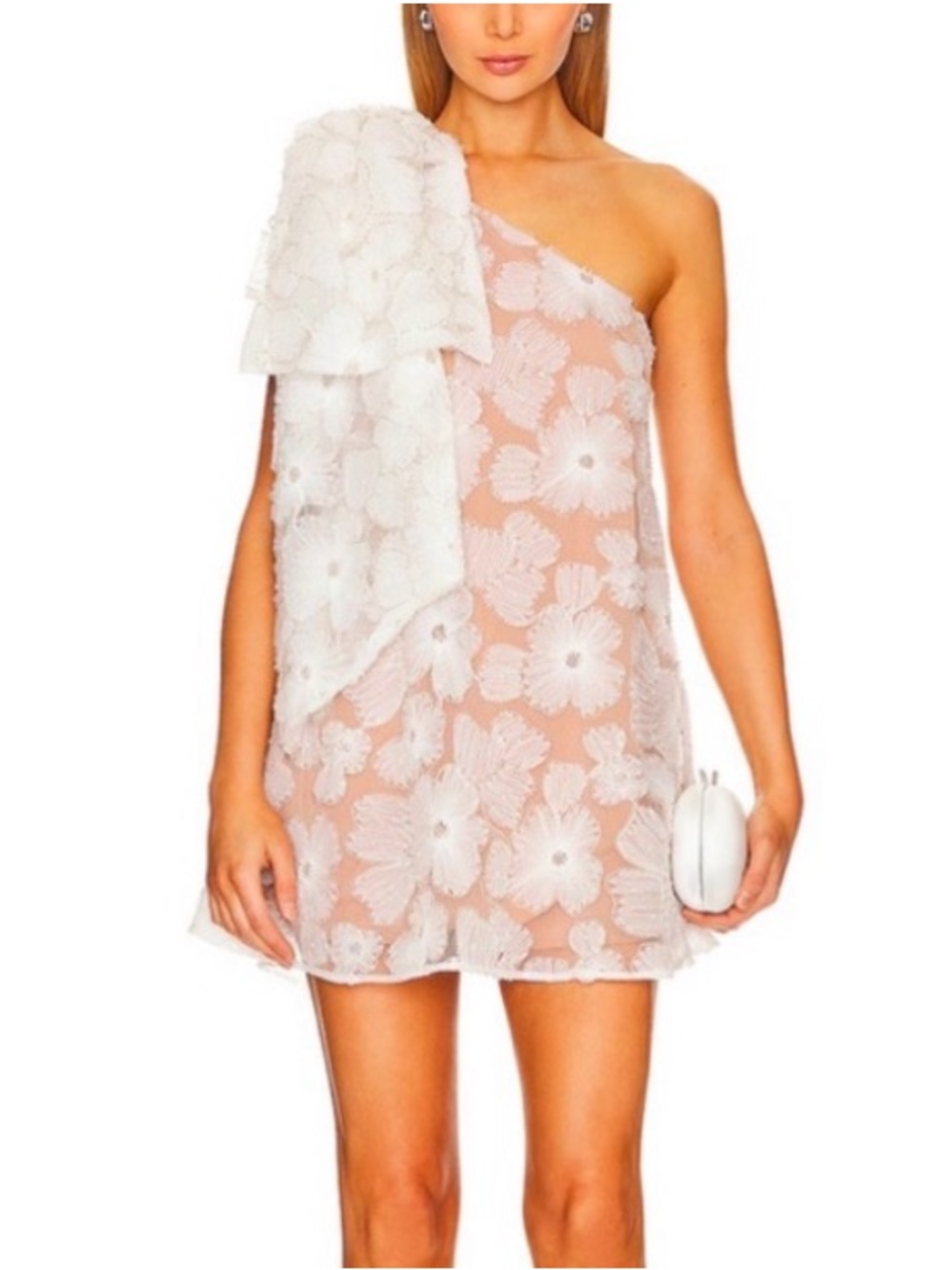 Elliatt Blair White Floral One-Shoulder Bow Mini Dress with Lace Overlay | S